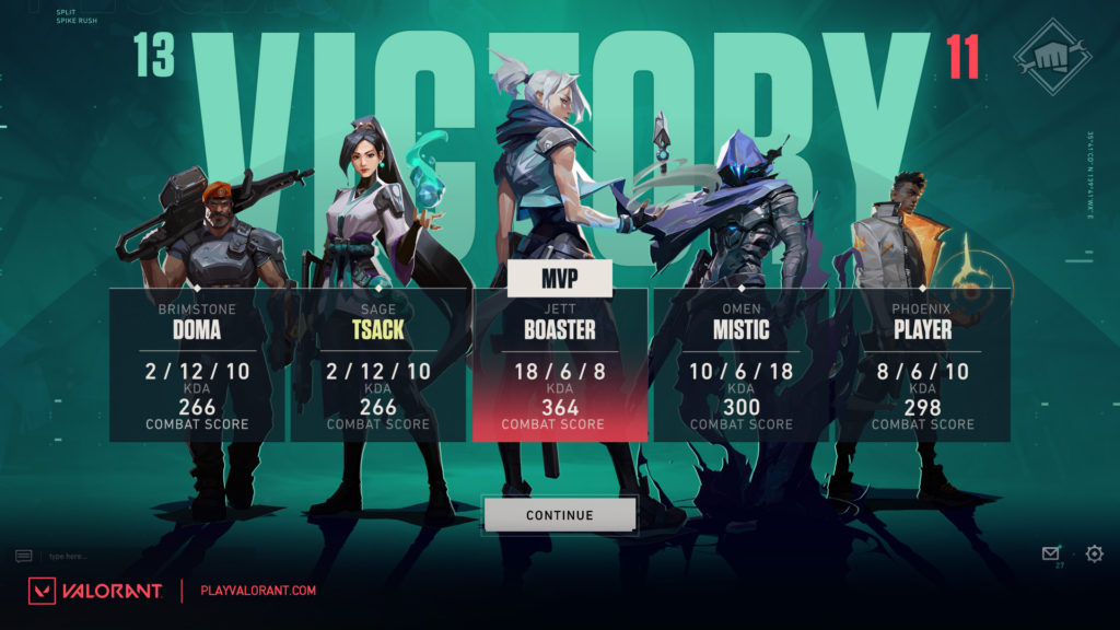 The victory page in Valorant after patch 5.08.