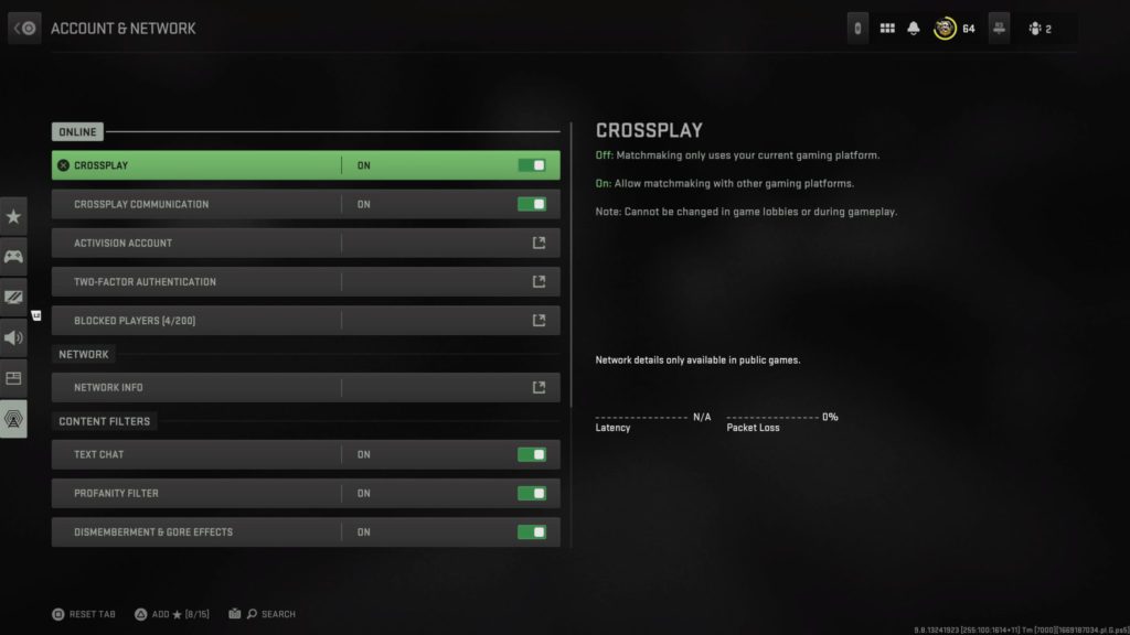Cross-platform is active in Warzone 2.0 as shown in the crossplay settings.