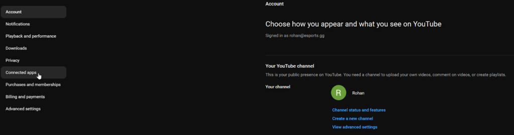 The Connected apps section in YouTube settings (Dark Mode version).