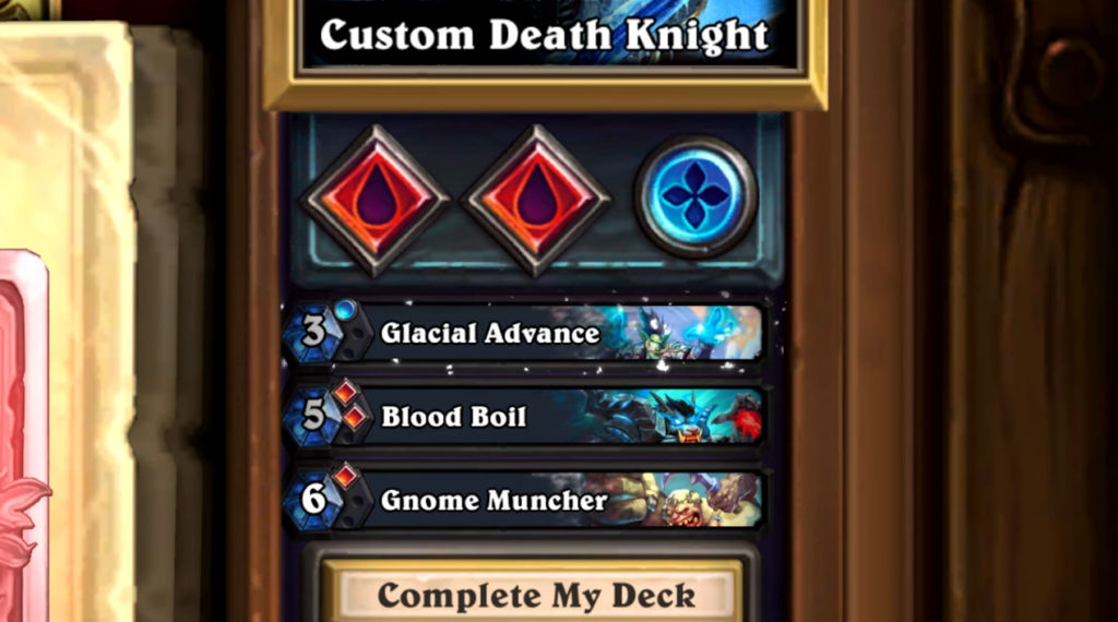 Death Knight deckbuilding screenshot featuring two Blood Runes and one Frost Rune.