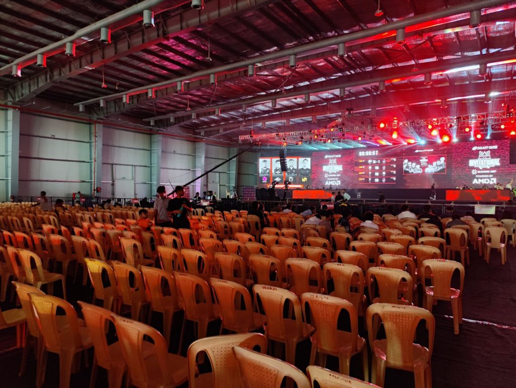 Empty Mono Blocc chairs on Day 1 at the GXR Valorant India LAN
