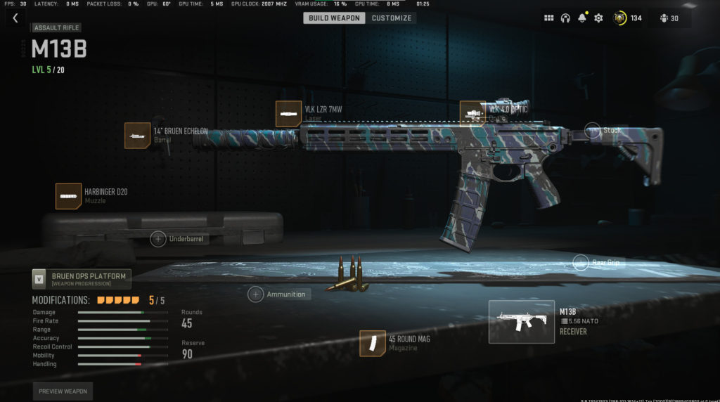 The M13B loadout screen.