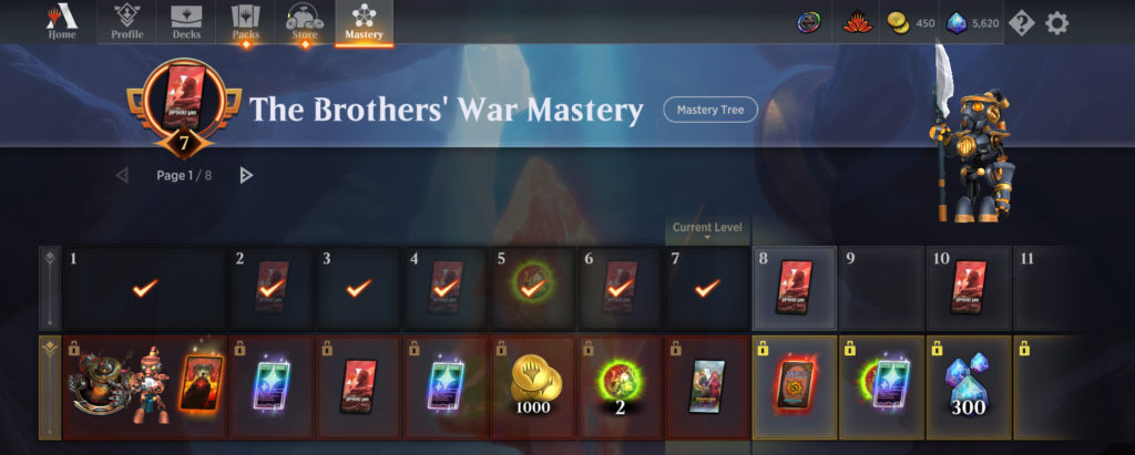 The Mastery tree rewards page in MTG arena.