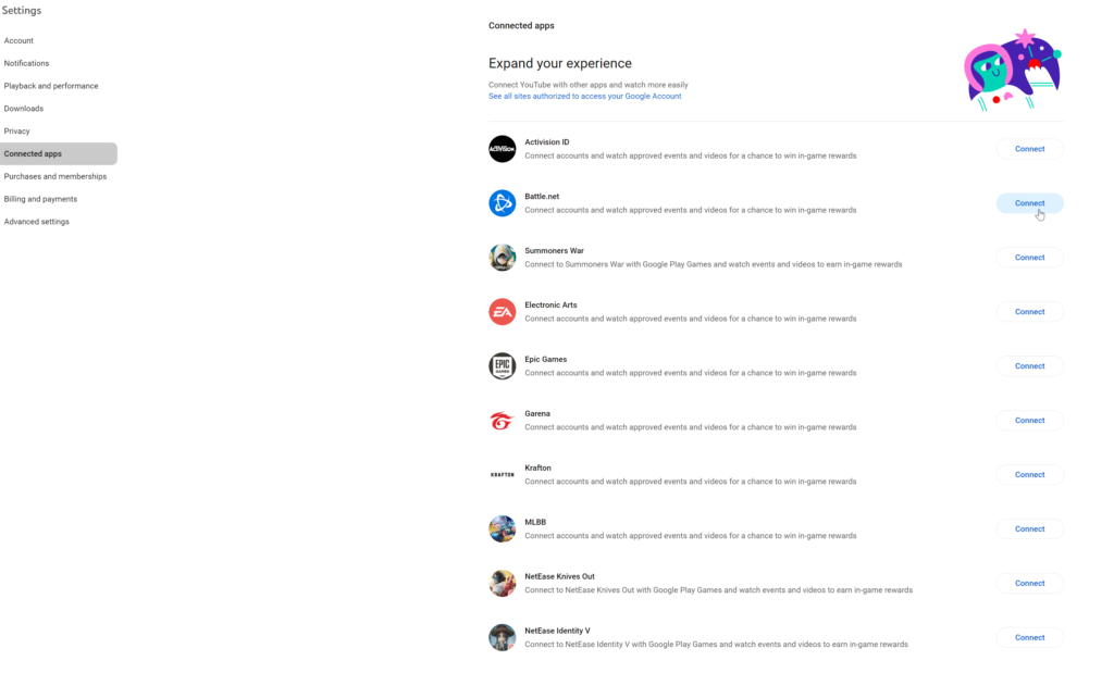 The list of accounts that can be connected with YouTUbe. We can see the list spearheaded by Activision ID and Battle Net.