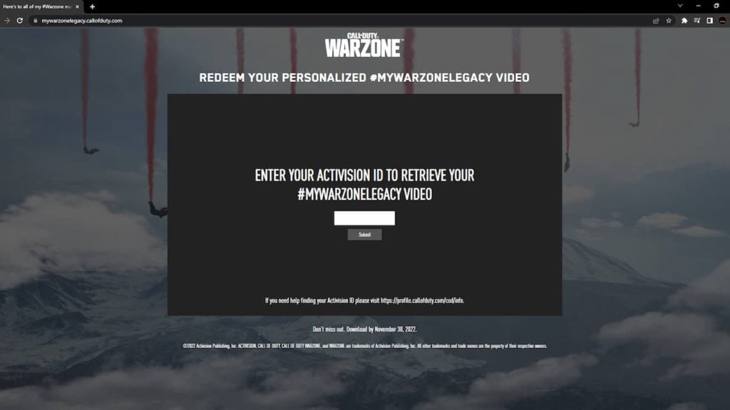 The Call of Duty official website lets players search for their unique Warzone Legacy video.