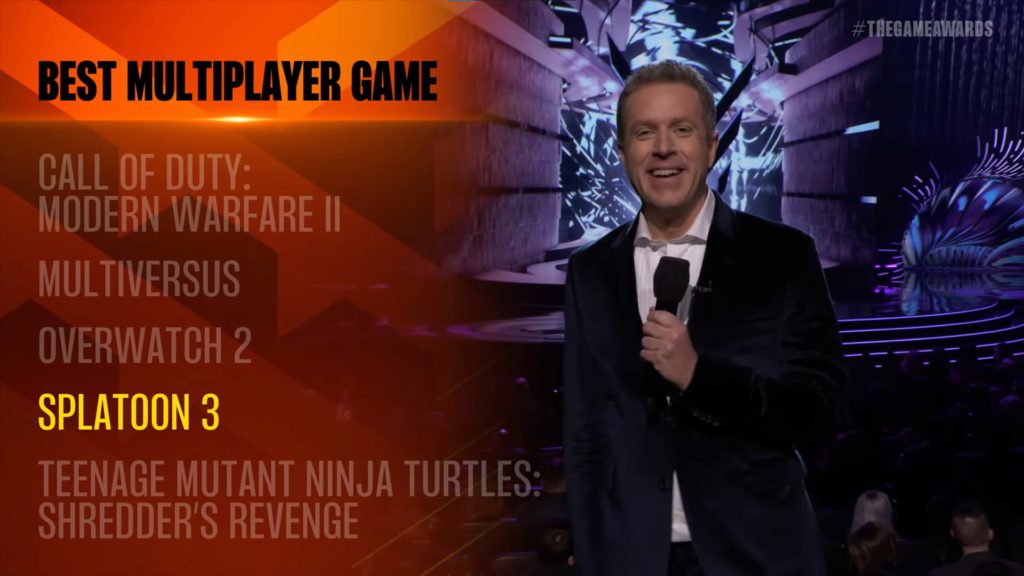 Geoff Keighley announces Splatoon 3 as Best Mutliplayer Game at The Game Awards 2022.