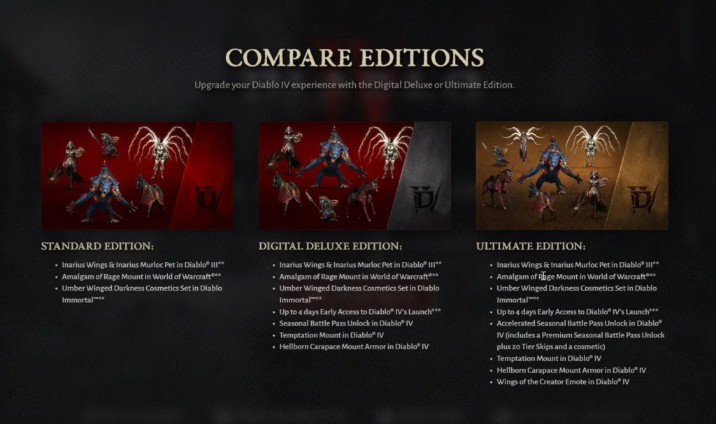 The Diablo 4 editions : Standard edition, Digital Deluxe Edition and Ultimate Edition.