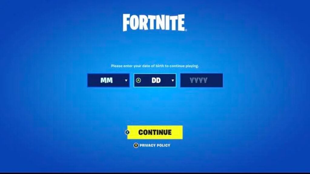 Fortnite Date of Birth screen