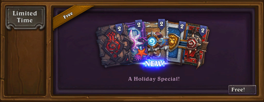 10 Hearthstone Winter Veil FREE packs, as seen in the in-game shop. 2 from each previous Standard-legal expansion.
Screen-capture via esports.gg.