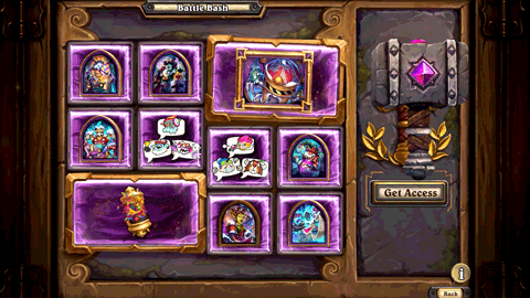 Battle Bash screen: Legendary Strike, an Epic Board, five Epic Hero Skins, a Rare Bartender, and two packs of three Rare Emotes. Image via Blizzard.