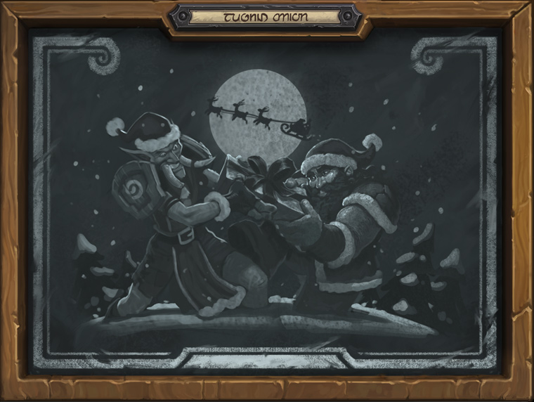 Gift Exchange Tavern Brawl in-game image where a festive Troll is wrestling Greatfather Winter for a gift. Image via Blizzard.