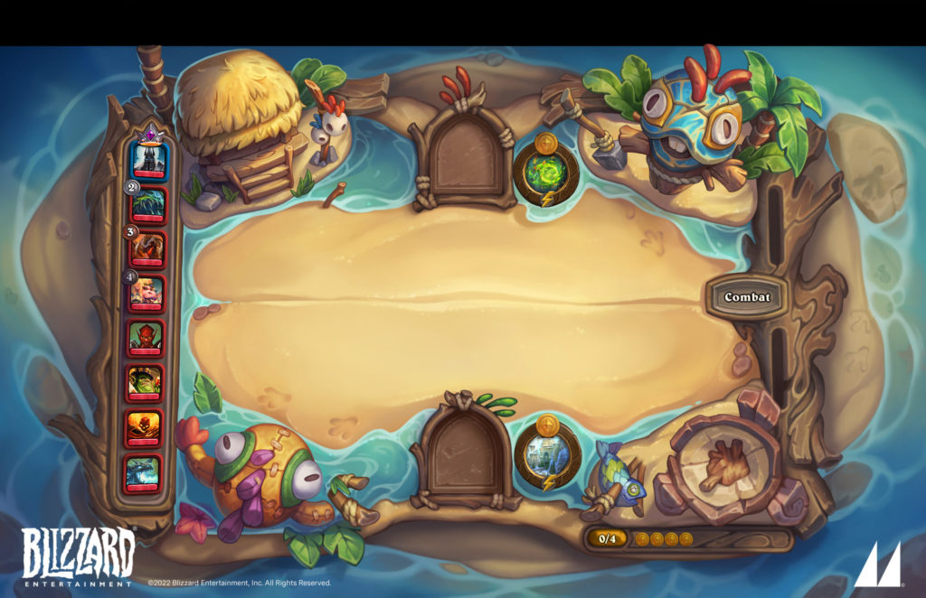 Murloc Hideaway Legendary Board image resembling a Murloc encampment, water and huts and all. Image via Blizzard