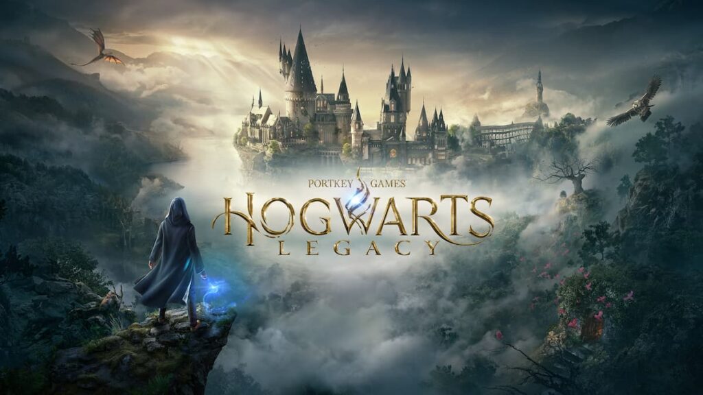 The promotional image for Hogwarts Legacy, showing a wizard overlooking the school.