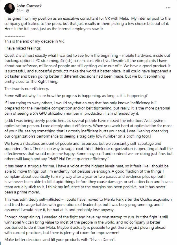 John Carmack's statement on Facebook
