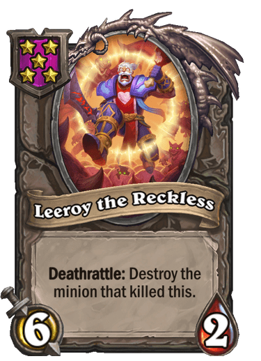 Leeroy the Reckless destroys the minion that killed it. Great against Divine Shielded threats in the Battlegrounds late game. Image via Blizzard.