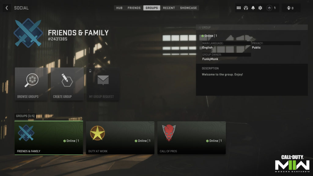 CoD Groups social menu 