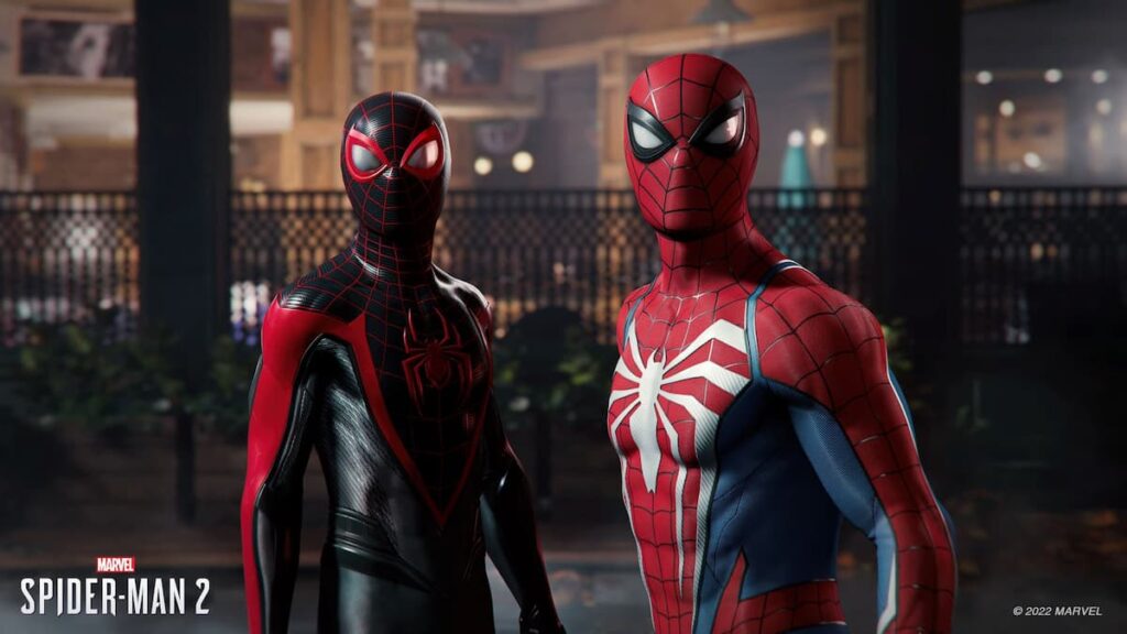 Miles Morales and Peter Parker, both in their Spider-Man attire, look forward at a potential oncoming threat.