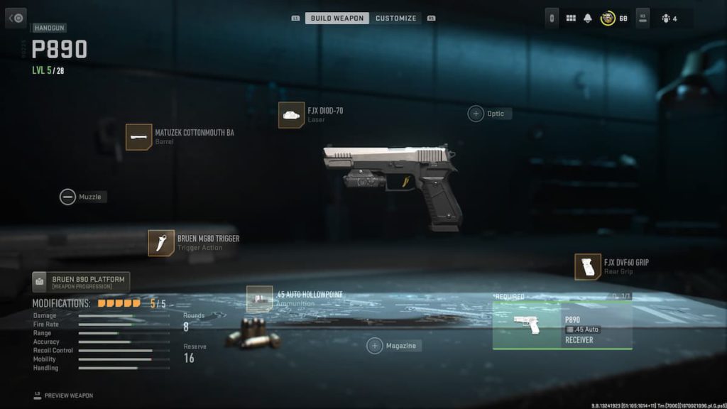 The attachment screen for the P890 shows its best loadout in MW2.