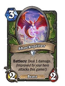 Hearthstone nerfs Shockspitter cost from 2 to 3 mana. Its damage still scales with the number of hero attacks. Image via Blizzard.