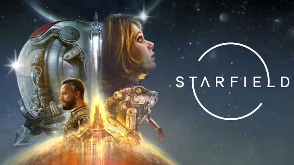 This official image for Starfield shows explorers looking out into a space filled with stars with a large settlement placed upon a red planet.