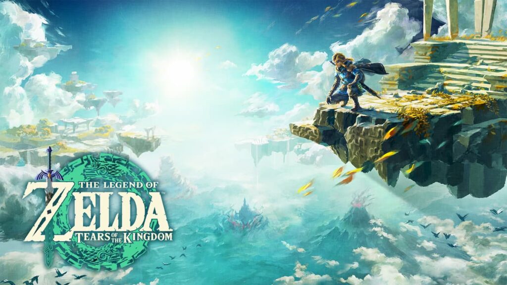 Link crouches on the ledge of a floating piece of a temple in this official image for one of the most anticipated games of 2023.