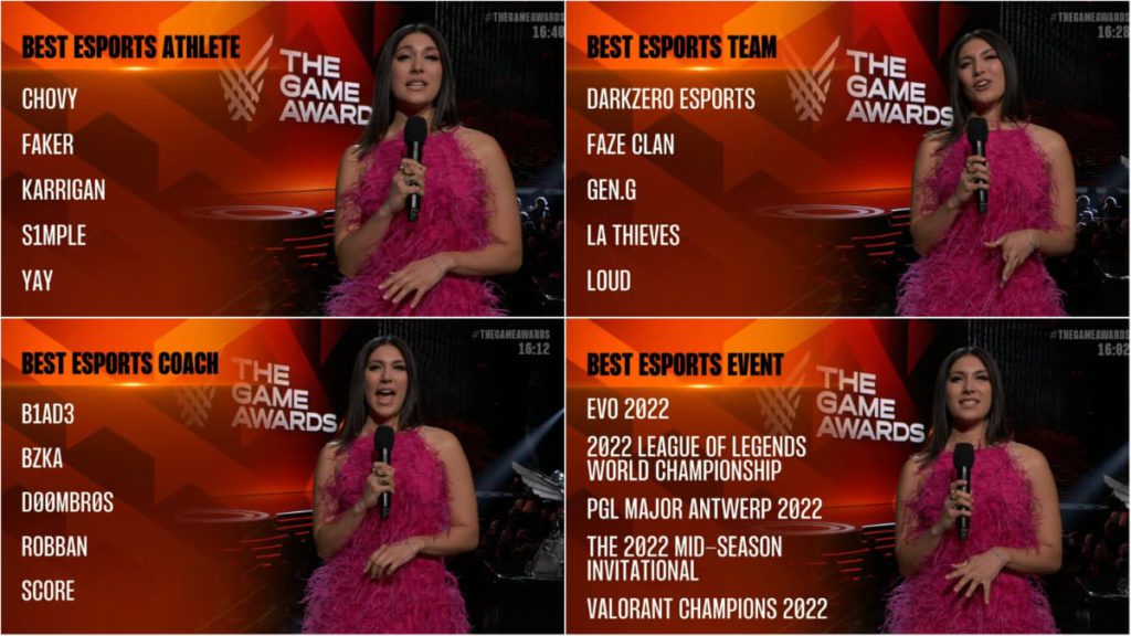 The Game Awards 2022 host shows the nominees for Best Esports Athlete, Best Esports Team, Best Esports Coach, and Best Esports Event.