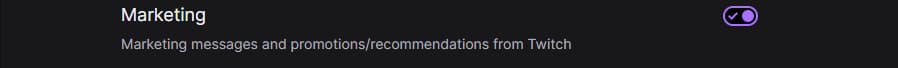 The Marketing notifications setting for Twitch has a purple checkmark, ensuring it is enabled.