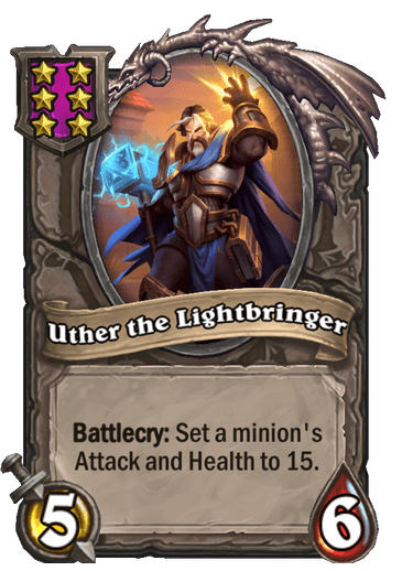 Uther the Lightbringer sets a minion's Attack and Health to 15, protecting key pieces in the Battlegrounds late game. Image via Blizzard.