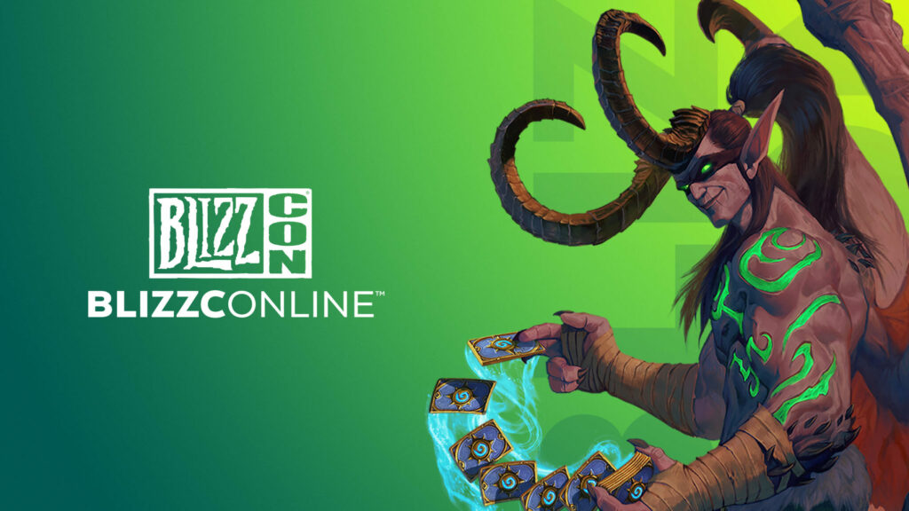 BlizzConline banner featuring the character Illidan Stormrage holding Hearthstone cards