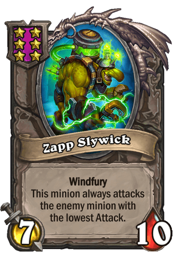 Zapp Slywick always attacks the enemy minion with the lowest Attack. It can snipe key pieces in the Battlegrounds late game. Image via Blizzard.