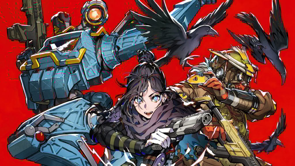Wraith, Bloodhound, and Pathfinder on bold Apex Legends background