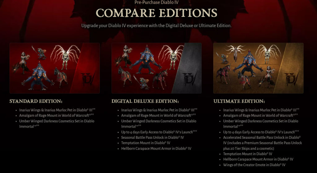 The various Diablo 4 pre-order editions and their goodies.