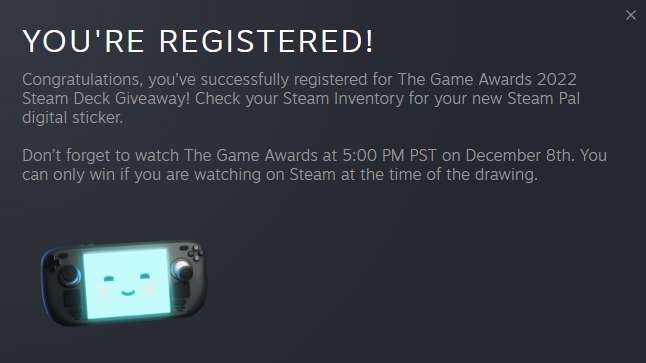 The Game Awards will feature a Steam Deck giveaway