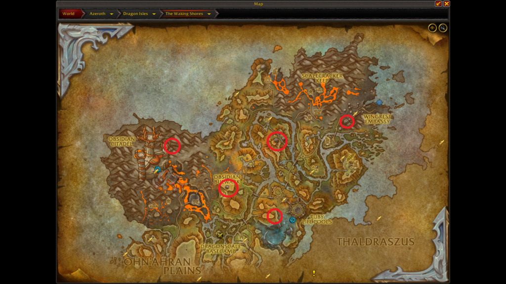 A map of the Waking Shores highlighting the locations of Dragonscale Expedition flag locations.