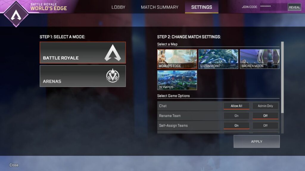 Apex Legends private match lobby settings