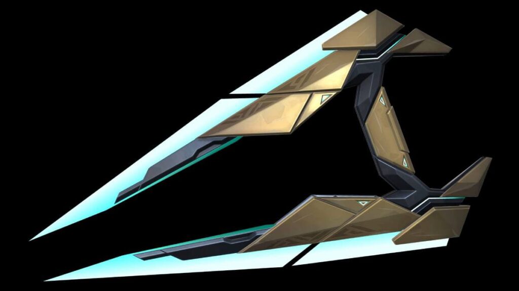 The Araxys melee weapon skin in Valorant is a darker gold color at the handle with two blue blades protruding from it.