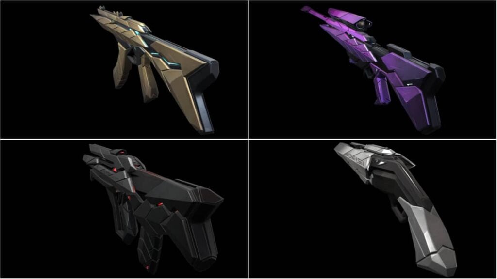 The Araxys Valorant skins shown here are the golden base colored Vandal, the purple variant Operator, black/red variant Bulldog, and gray variant Shorty.