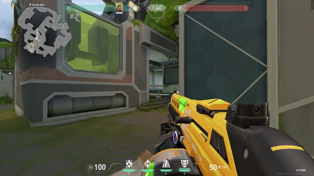 Breach uses an Ares to hold down one of the entrances from CT, or Defender Side Spawn, at the B site of Fracture in VALORANT.