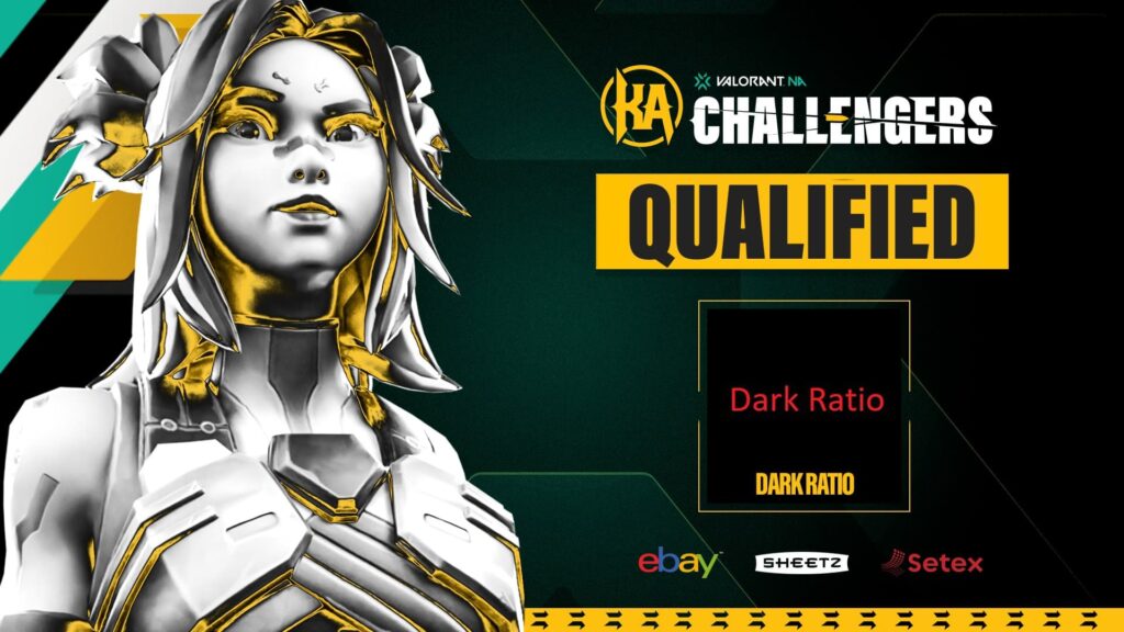 Valorant Agent Neon stands, with a metallic-looking filter, as Dark Ratio's logo is shown to announce their qualification through the Valorant Challengers NA open qualifier.