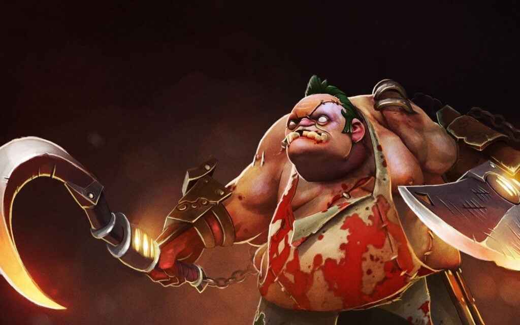 An image of Dota 2 character Pudge. Pudge can pull opponents to himself.