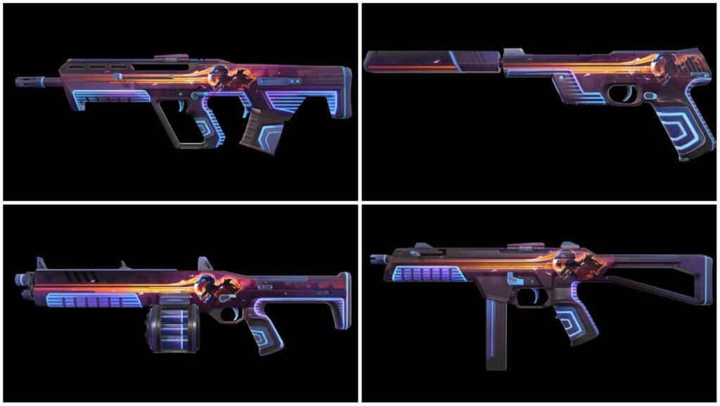 The Gridcrash skin set for the Valorant Episode 6 Act I Battlepass is on the Bulldog, Ghost, Judge, and Stinger. It has a cyber street racing vibe.