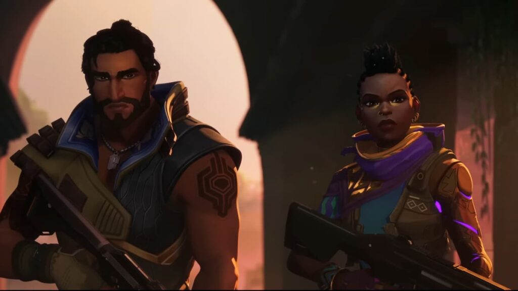 Harbor and Astra stand side by side in the new Valorant Episode 6 cinematic, with weapons in hand.