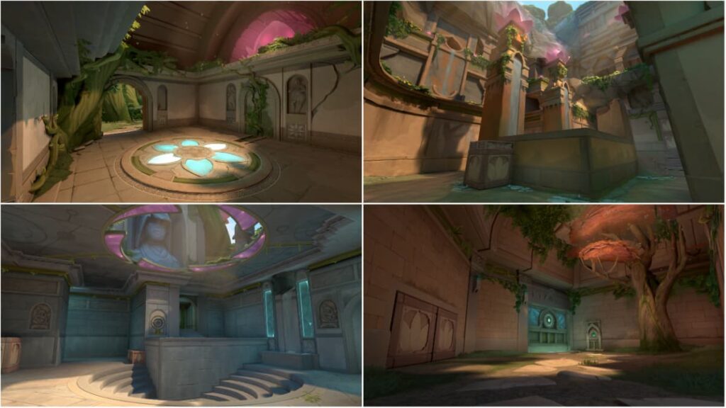 Four images in this collage show parts of Lotus, the new Valorant map. There's an inner portion with a glowing flower design on the floor, a platform, stairs with an open ceiling, and a walkway with a tree next to it.