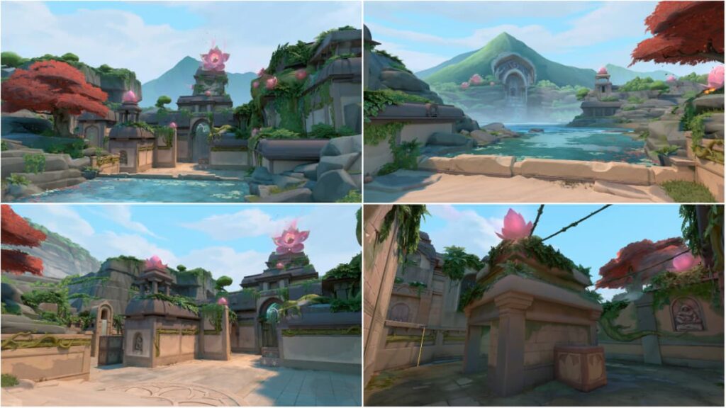 Four images in this collage show parts of Lotus, the new Valorant map. There is an outer portion of the map with a body of water, an image showing an angle looking out at the body of water, a site with structures topped with pink lotus flowers, and a structure with an opening to walk through it.