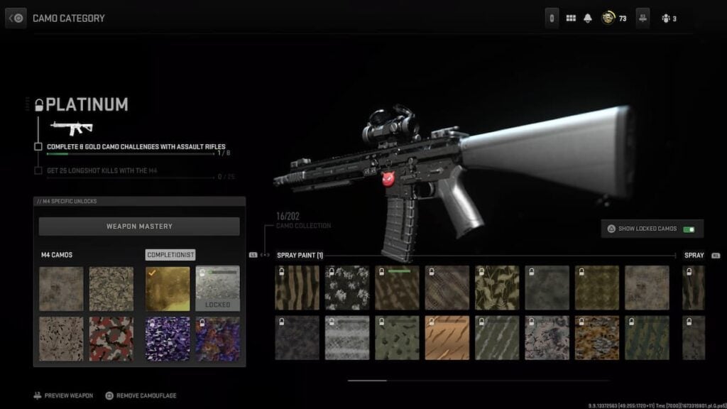 The M4 Platinum camo challenge shows that 25 longshot kills are needed, which is from a distance of 38m, in MW2.