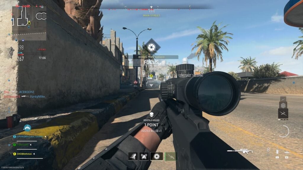 A sniper lays prone in the street after netting a longshot kill, with a distance of 143.09m shown on screen in MW2.
