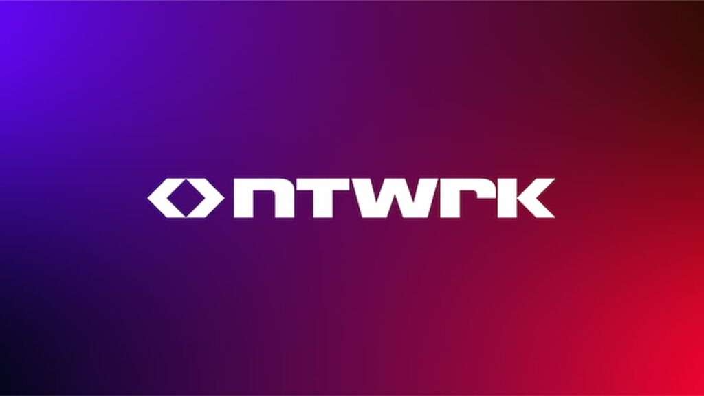 The NTWRK logo is in front of a blue to red gradient background.
