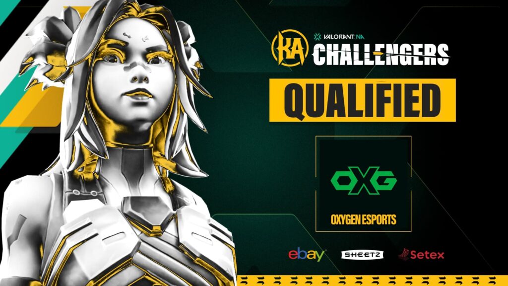 Valorant Agent Neon stands, with a metallic-looking filter, as Oxygen Esports' logo is shown to announce their qualification through the Valorant Challengers NA open qualifier.
