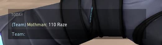 The chat box in VALORANT shows a simple callout that 110 damage was done to Raze.