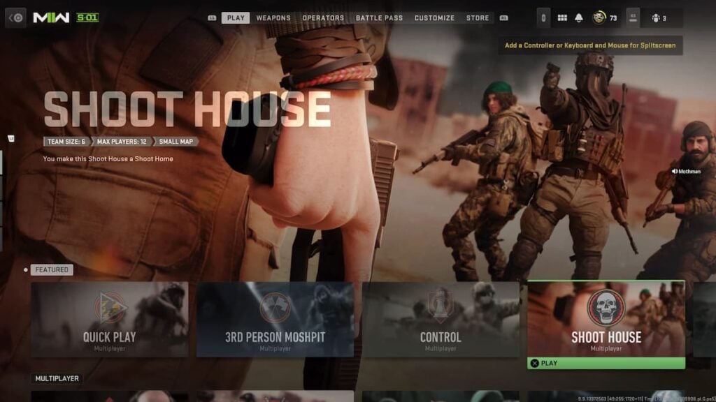 The Featured section of MW2's main menu shows multiple playlists, including Shoot House, which took the place of Shipment 24/7.